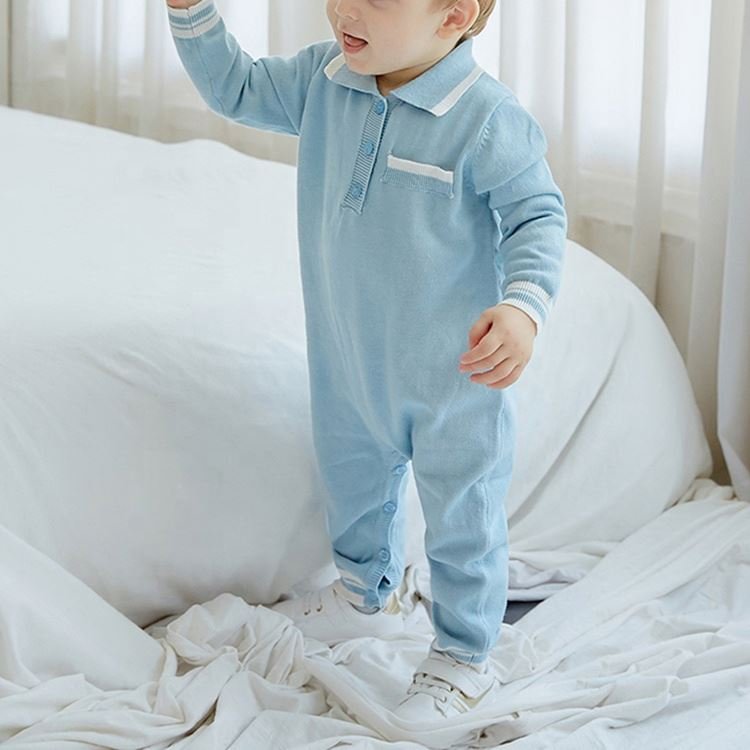 Custom LOGO Korean Knit Baby Jumpsuit 100% Cotton long sleeve baby boy's romper knitting polo collar knitted Baby Romper