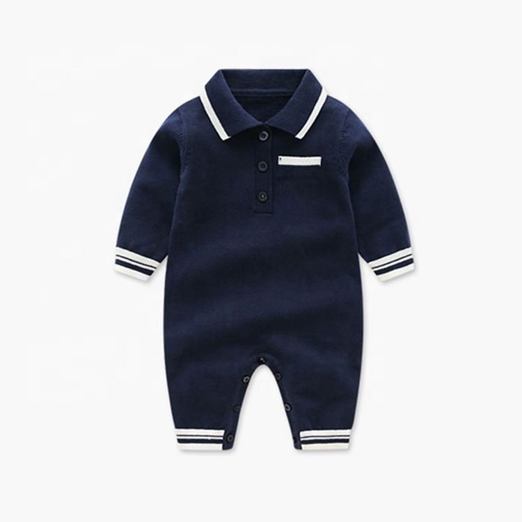 Custom LOGO Korean Knit Baby Jumpsuit 100% Cotton long sleeve baby boy's romper knitting polo collar knitted Baby Romper