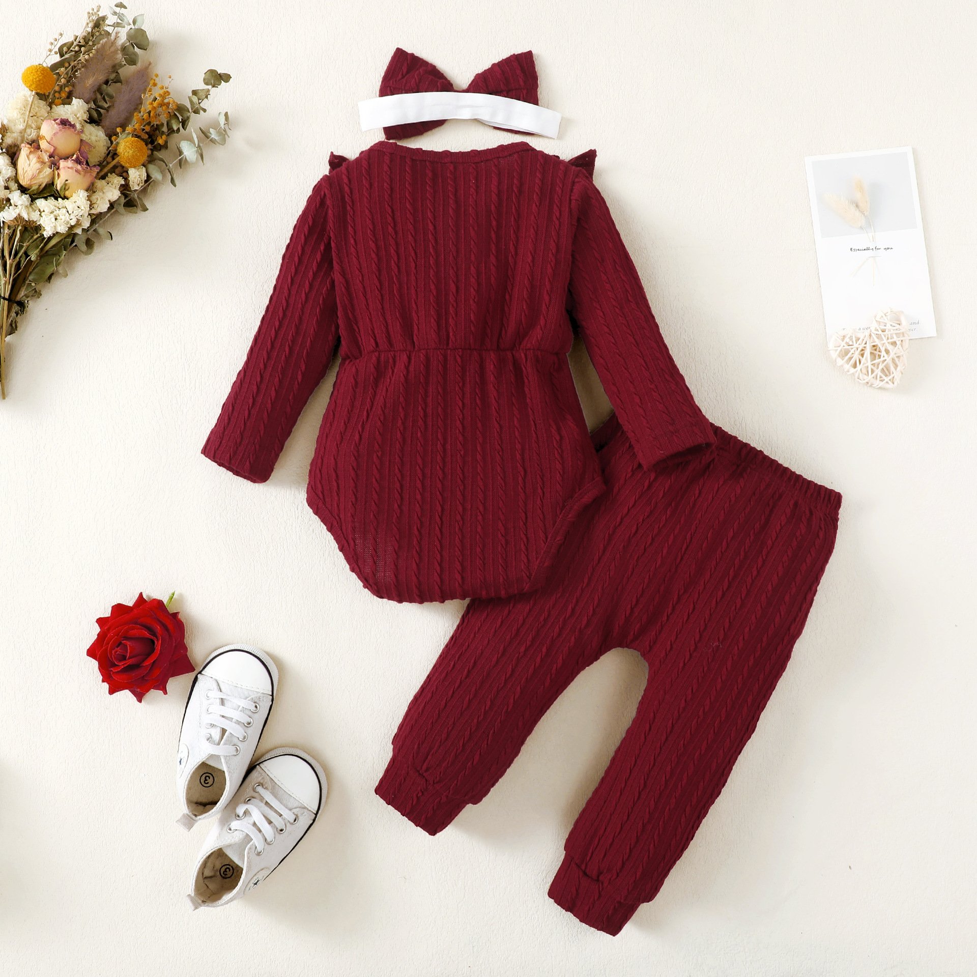 3pcs Baby Girl Casual Bow Sweatersuit Long Sleeved Pullover Rompers Cotton Clothing for Autumn for Daily Wear