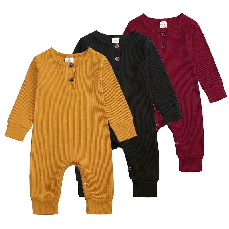 Long Sleeve Unisex Newborn Baby Premium Toddler Clothes Solid Color Baby Button Girls Bodysuit Plain Ribbed Baby Romper
