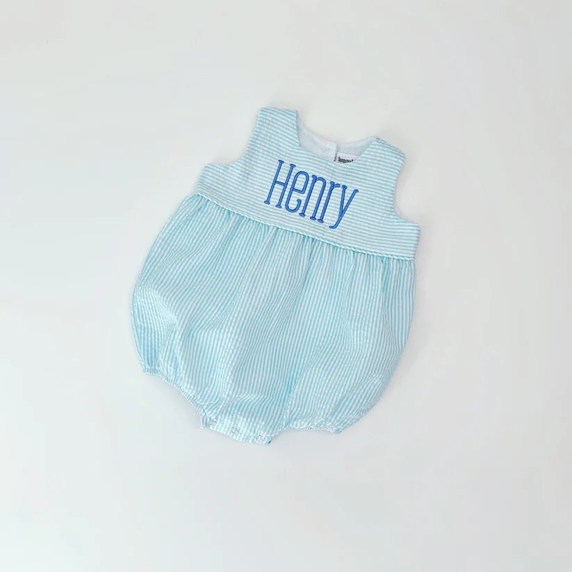 Wholesale Unisex Baby Seersucker Jumpsuits Summer Monogram Sleeveless Toddler Baby Bubble Romper