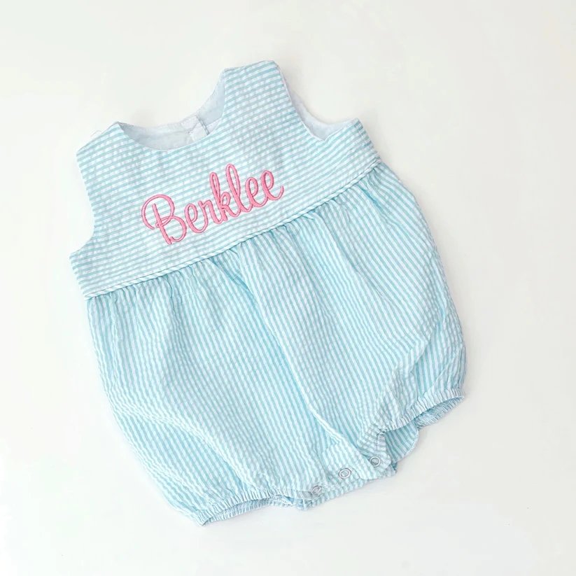 Wholesale Unisex Baby Seersucker Jumpsuits Summer Monogram Sleeveless Toddler Baby Bubble Romper