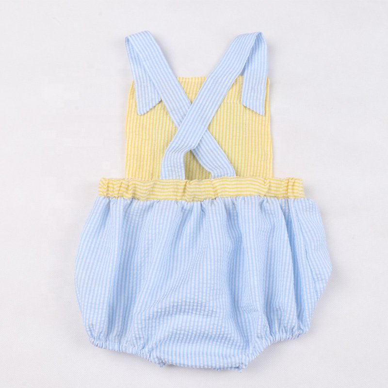 Boutique New Style Wholesale Custom Seersucker Sleeveless Cross-back Baby Bubble Romper Girl or Boy Rompers