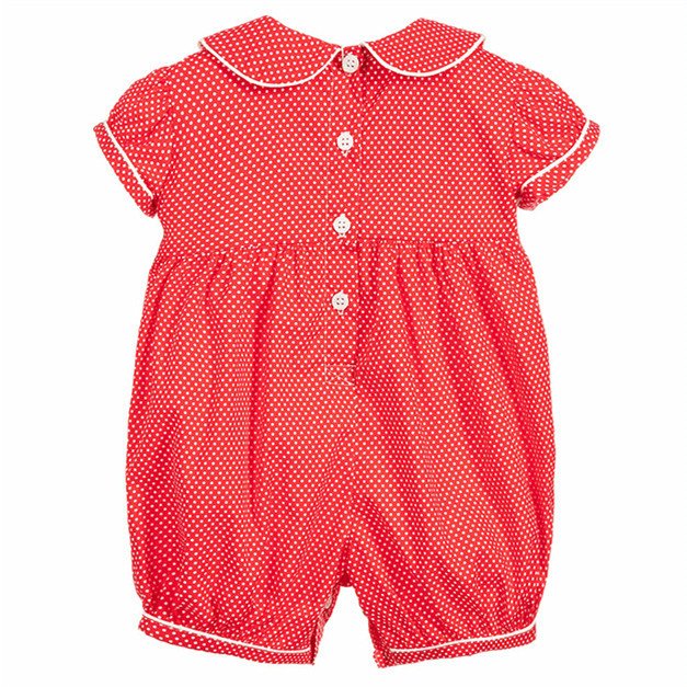Custom Red Embroidery Sleep Suit Toddler Girls Clothes Smocked Peter Pan Collar Pajamas Kids Jumpsuit Bubble Baby Romper