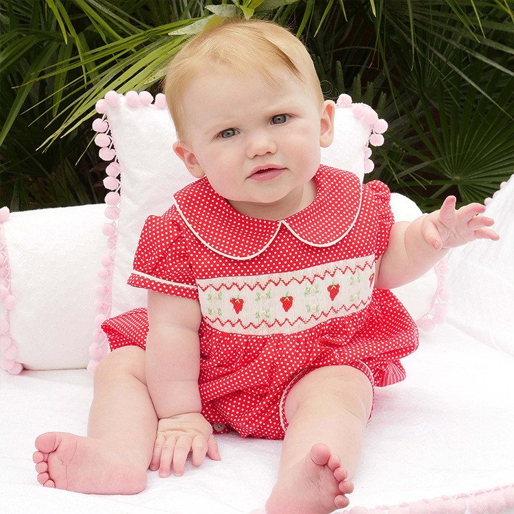 Custom Red Embroidery Sleep Suit Toddler Girls Clothes Smocked Peter Pan Collar Pajamas Kids Jumpsuit Bubble Baby Romper