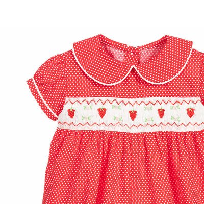 Custom Red Embroidery Sleep Suit Toddler Girls Clothes Smocked Peter Pan Collar Pajamas Kids Jumpsuit Bubble Baby Romper