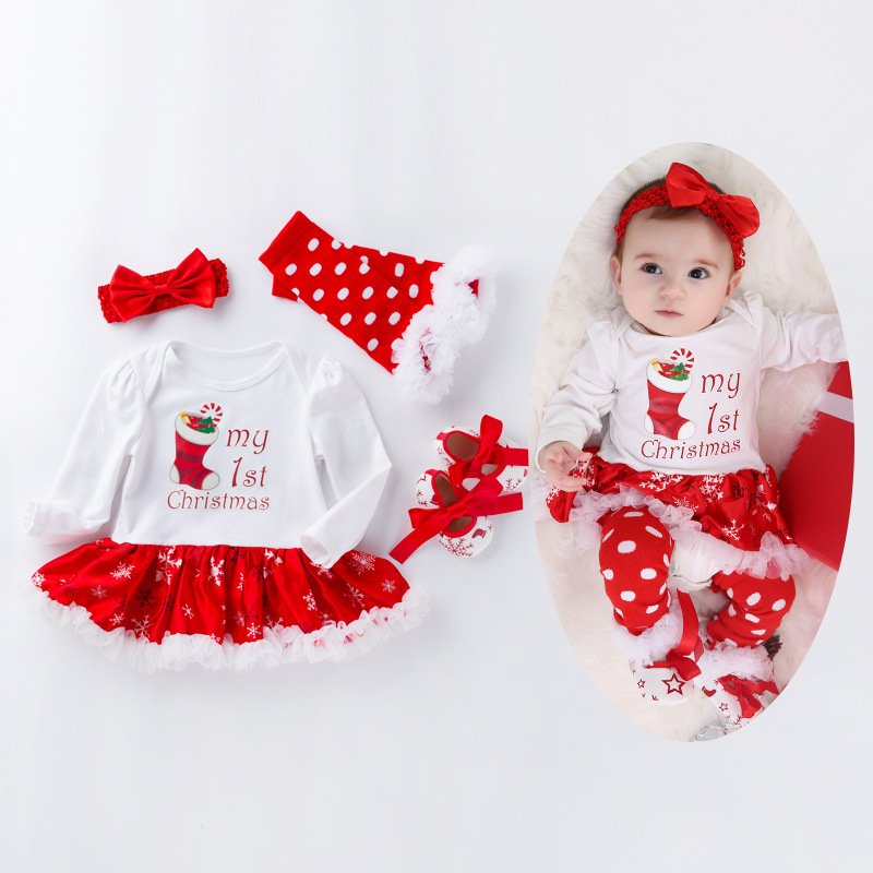 Christmas One-piece Dress Baby Set Pure Cotton Cartoon Long Sleeve 0-24 Months Four-piece Set For Baby Romper