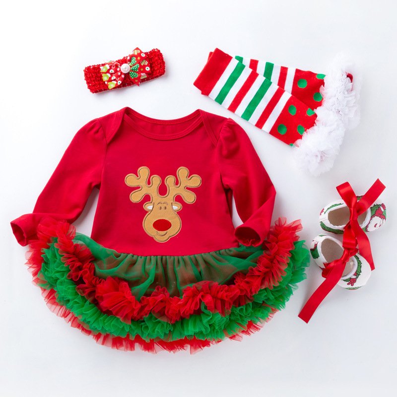 Christmas One-piece Dress Baby Set Pure Cotton Cartoon Long Sleeve 0-24 Months Four-piece Set For Baby Romper