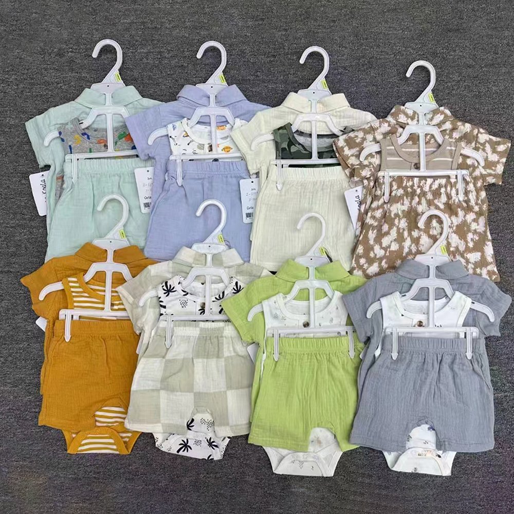 Summer High Quality Gauze Cotton Clothes 0-12m New Born Baby Toddler Polo T-Shirt + Shorts + Sleeveless Vest Romper 3pcs Sets