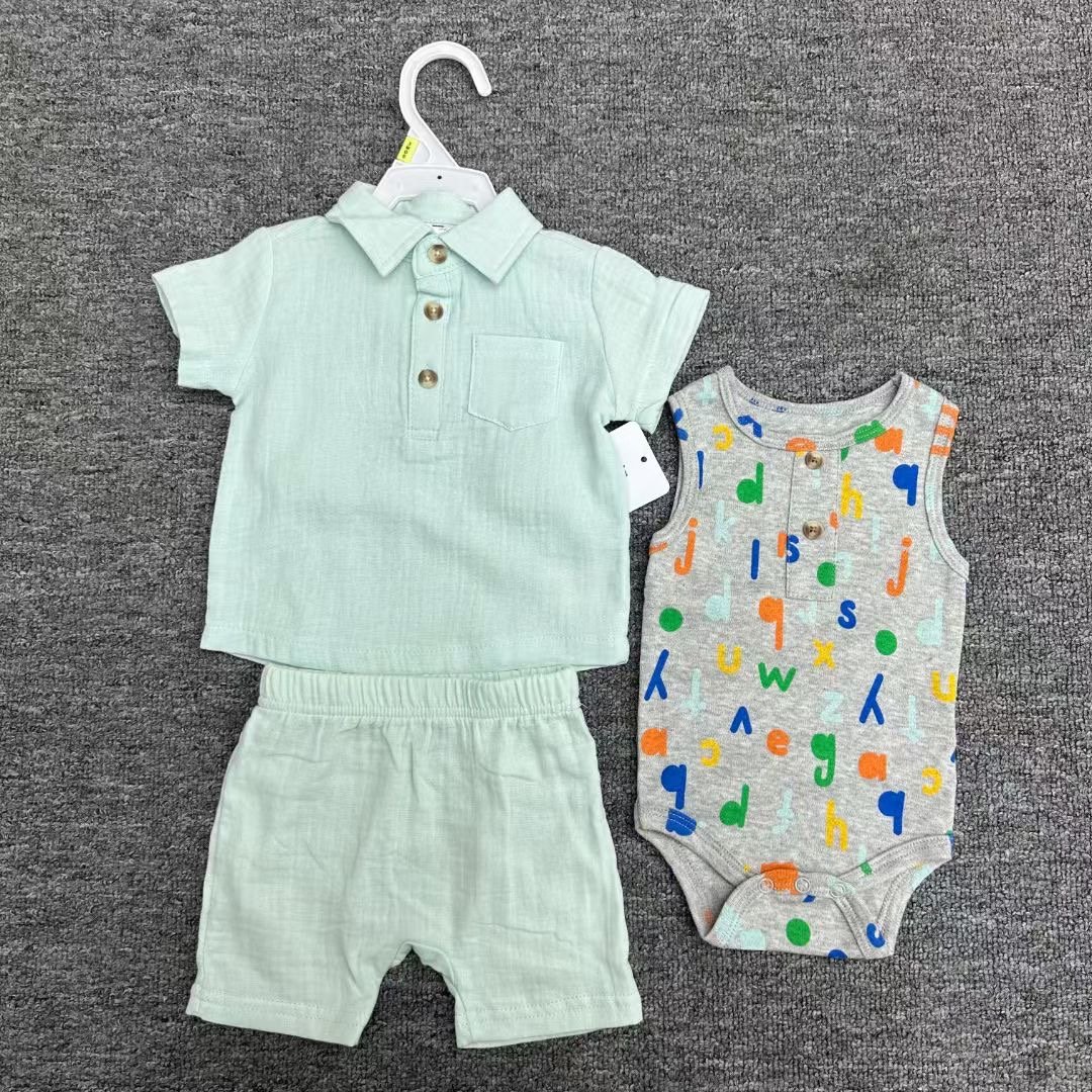 Summer High Quality Gauze Cotton Clothes 0-12m New Born Baby Toddler Polo T-Shirt + Shorts + Sleeveless Vest Romper 3pcs Sets