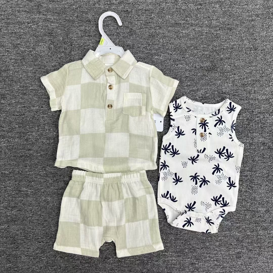 Summer High Quality Gauze Cotton Clothes 0-12m New Born Baby Toddler Polo T-Shirt + Shorts + Sleeveless Vest Romper 3pcs Sets