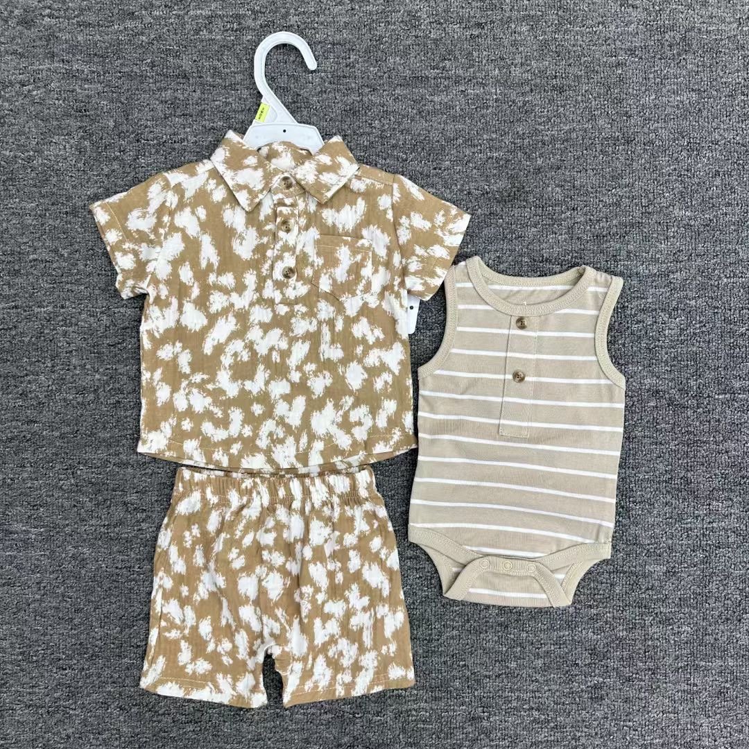 Summer High Quality Gauze Cotton Clothes 0-12m New Born Baby Toddler Polo T-Shirt + Shorts + Sleeveless Vest Romper 3pcs Sets