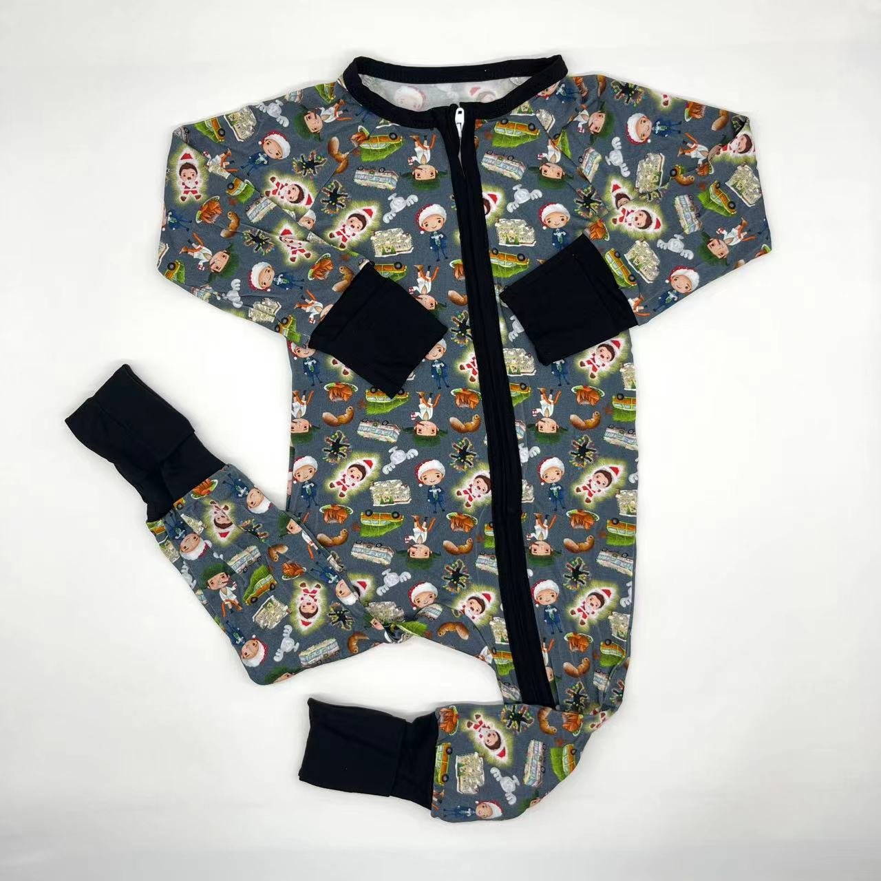 Durable custom made for Christmas printing bamboo spandex grip folded cuff bodysuit baby clothes