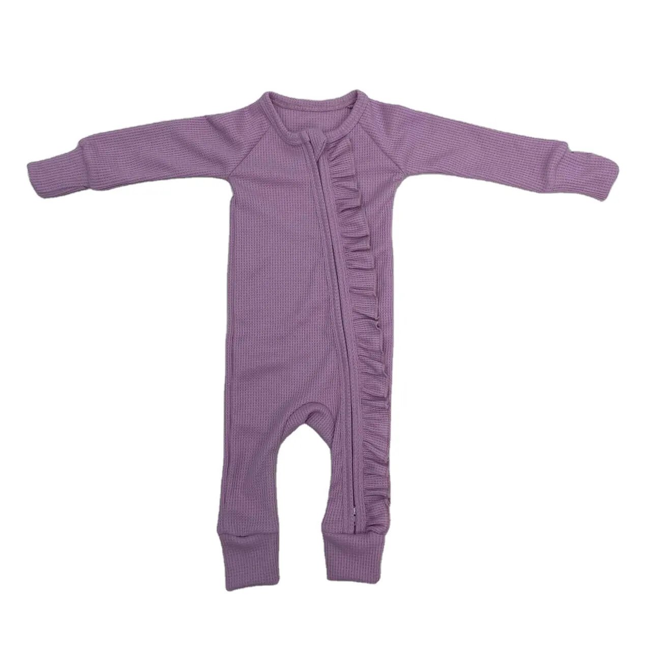 Qingli Oem Organic Long Sleeve Baby Bamboo Romper Custom Baby Romper With Feet Zipper Waffle Romper