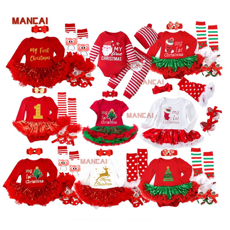 Elk Baby Long Sleeves First Christmas Tutu Dress Baby Romper Infant Girl Dress Xmas Gift Clothing Set My 1st Christmas Outfit