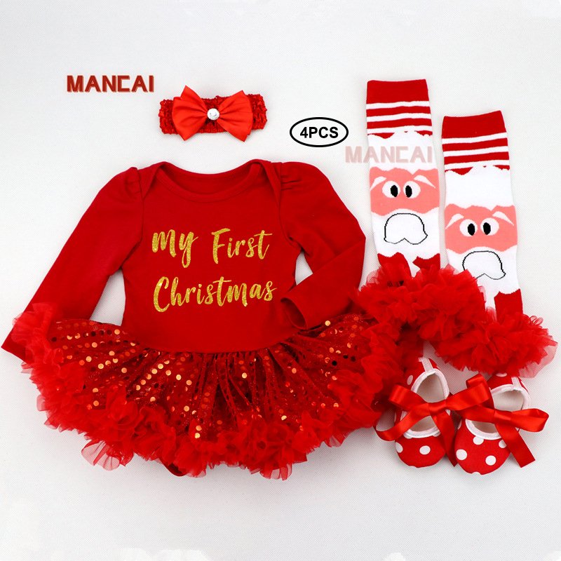 Elk Baby Long Sleeves First Christmas Tutu Dress Baby Romper Infant Girl Dress Xmas Gift Clothing Set My 1st Christmas Outfit