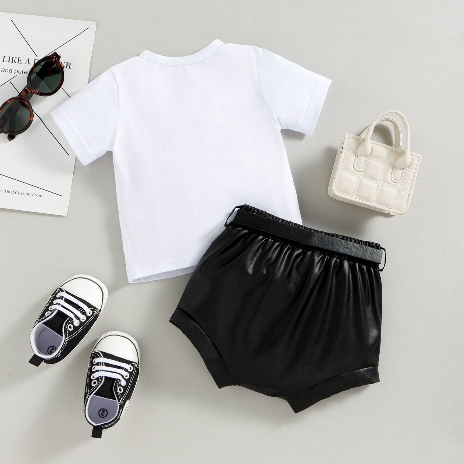 80 to 120 Letter Printing Cotton White T-Shirt PU Leather Shorts Toddler Outfits Summer Casual Baby Rompers Girls Clothing Sets