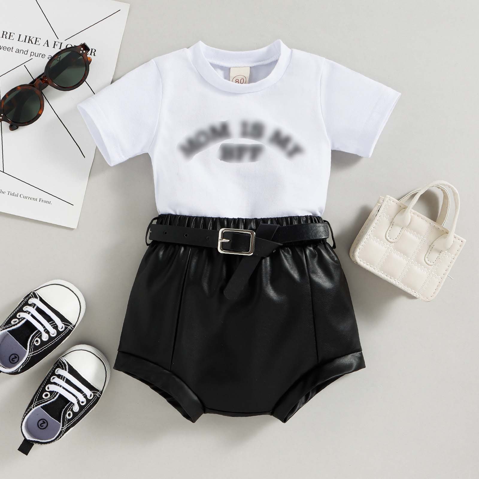 80 to 120 Letter Printing Cotton White T-Shirt PU Leather Shorts Toddler Outfits Summer Casual Baby Rompers Girls Clothing Sets