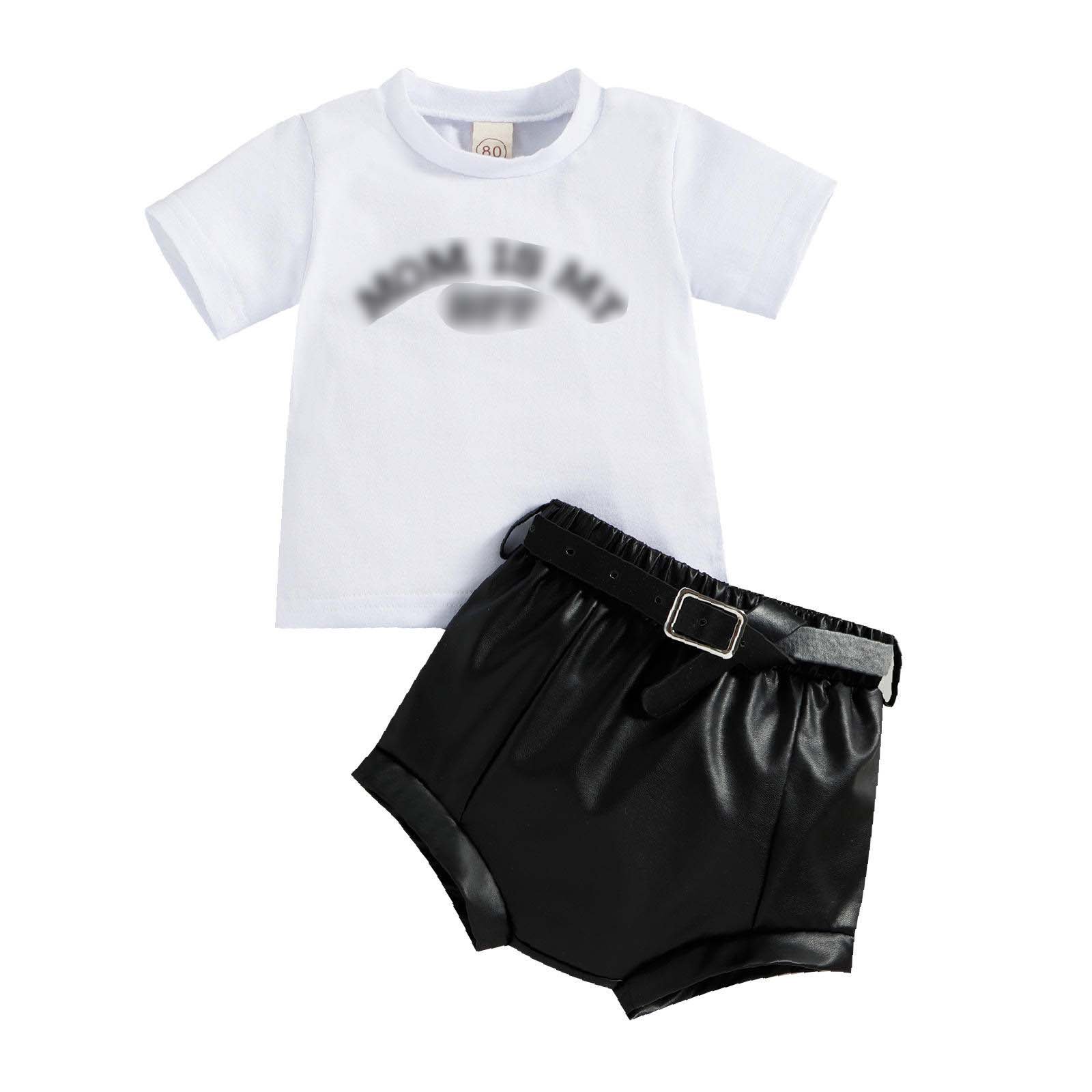 80 to 120 Letter Printing Cotton White T-Shirt PU Leather Shorts Toddler Outfits Summer Casual Baby Rompers Girls Clothing Sets