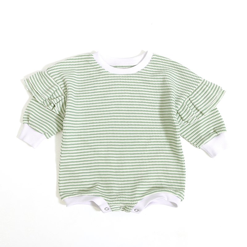 2024 New Design Infant Toddler Baby Girls Clothes Ruffle Full Sleeves Autumn Jumpers Stripes Waffle Baby Rompers