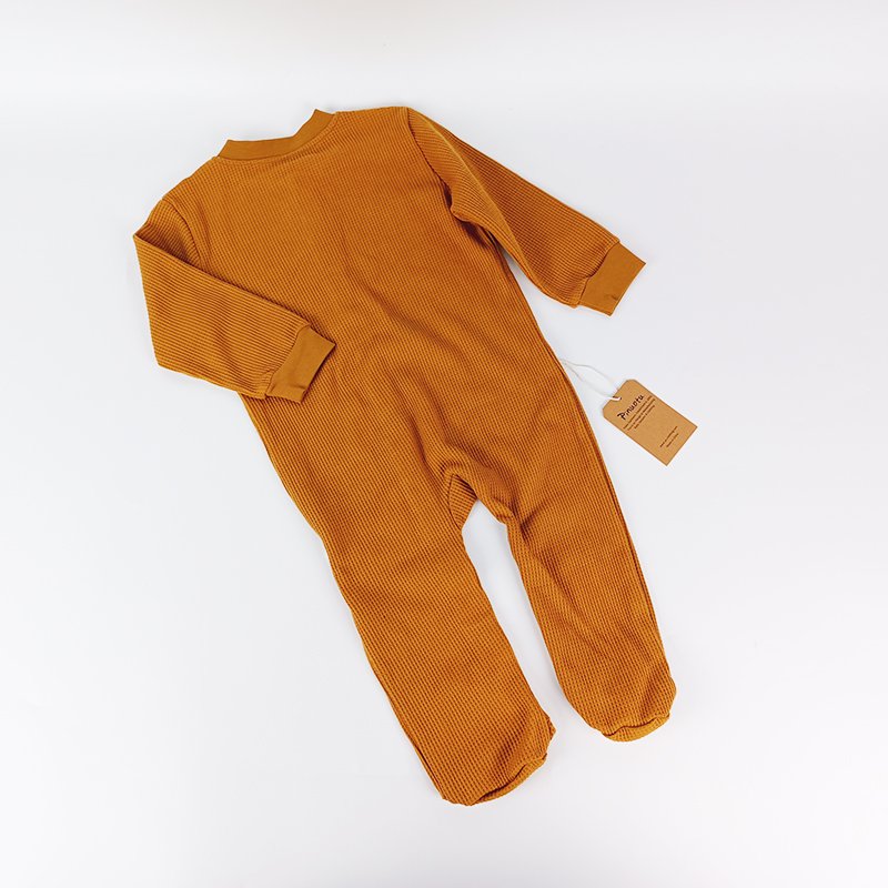 Pinuotu Waffle Baby Jumpsuit Layette New Born Cotton Long Sleeve Playsuit Bronze Brown Neutral Footie Basic Baby Romper