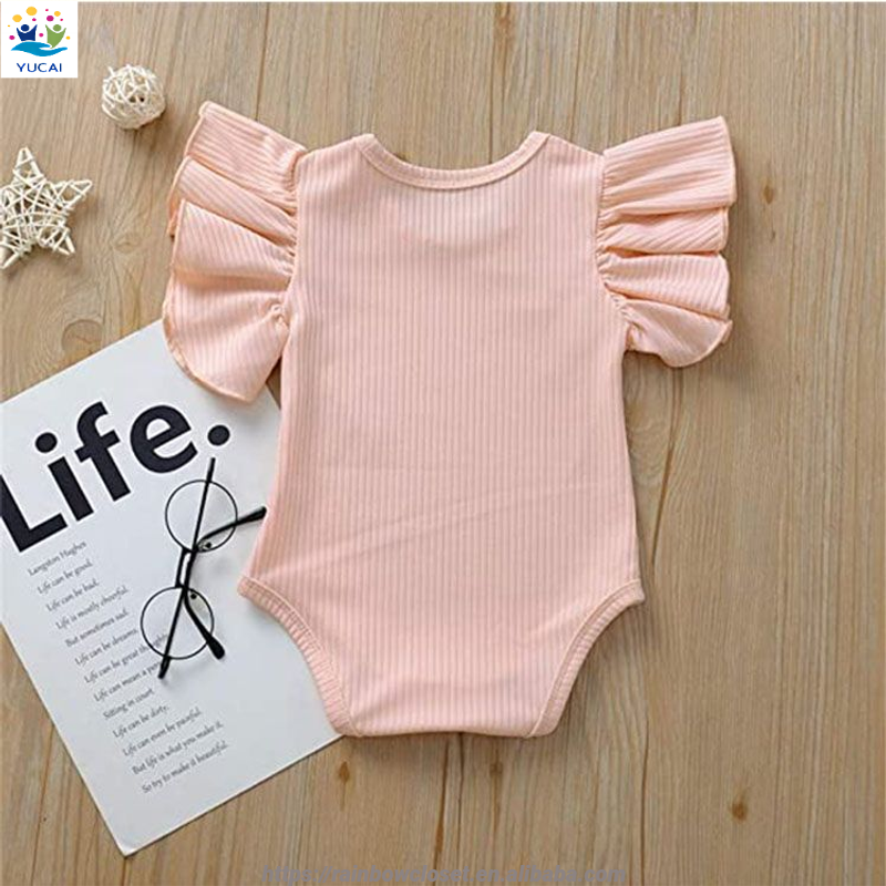 2023 Factory Newborn Infant Baby Girl Solid Bodysuit Casual One Piece Rib Ruffle Romper
