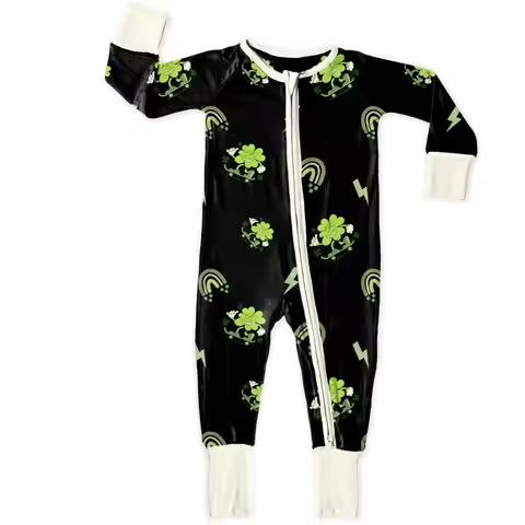 Custom Christmas Print Baby Infant Organic 95% Bamboo 5% Spandex zipper Rompers Clothes Toddler Kid Pajamas Sleepwear