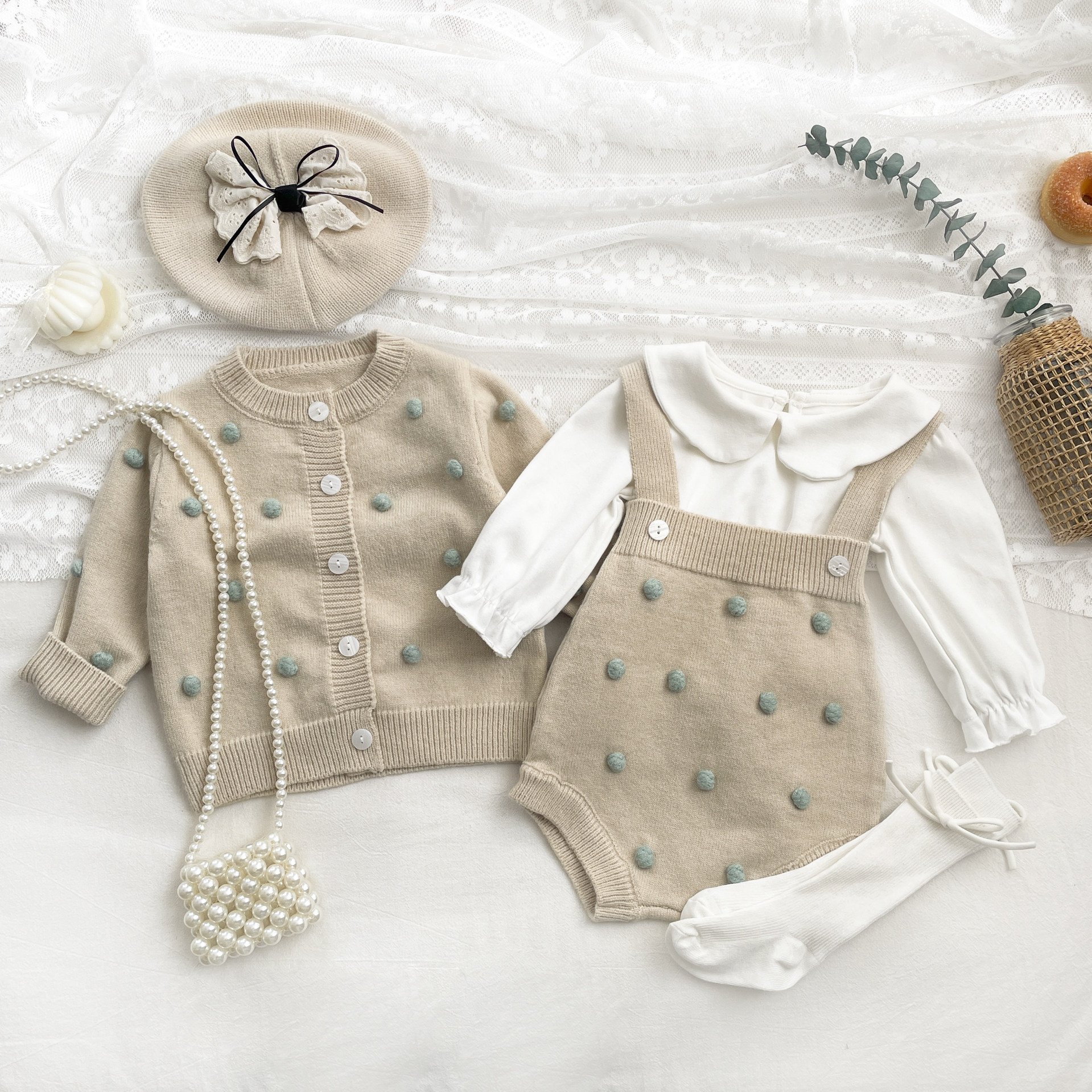 Baby Clothes Autumn Knit Sweater Suspenders Suit Fancy Hairball Cardigan Coat Korean Version Two-Piece Set