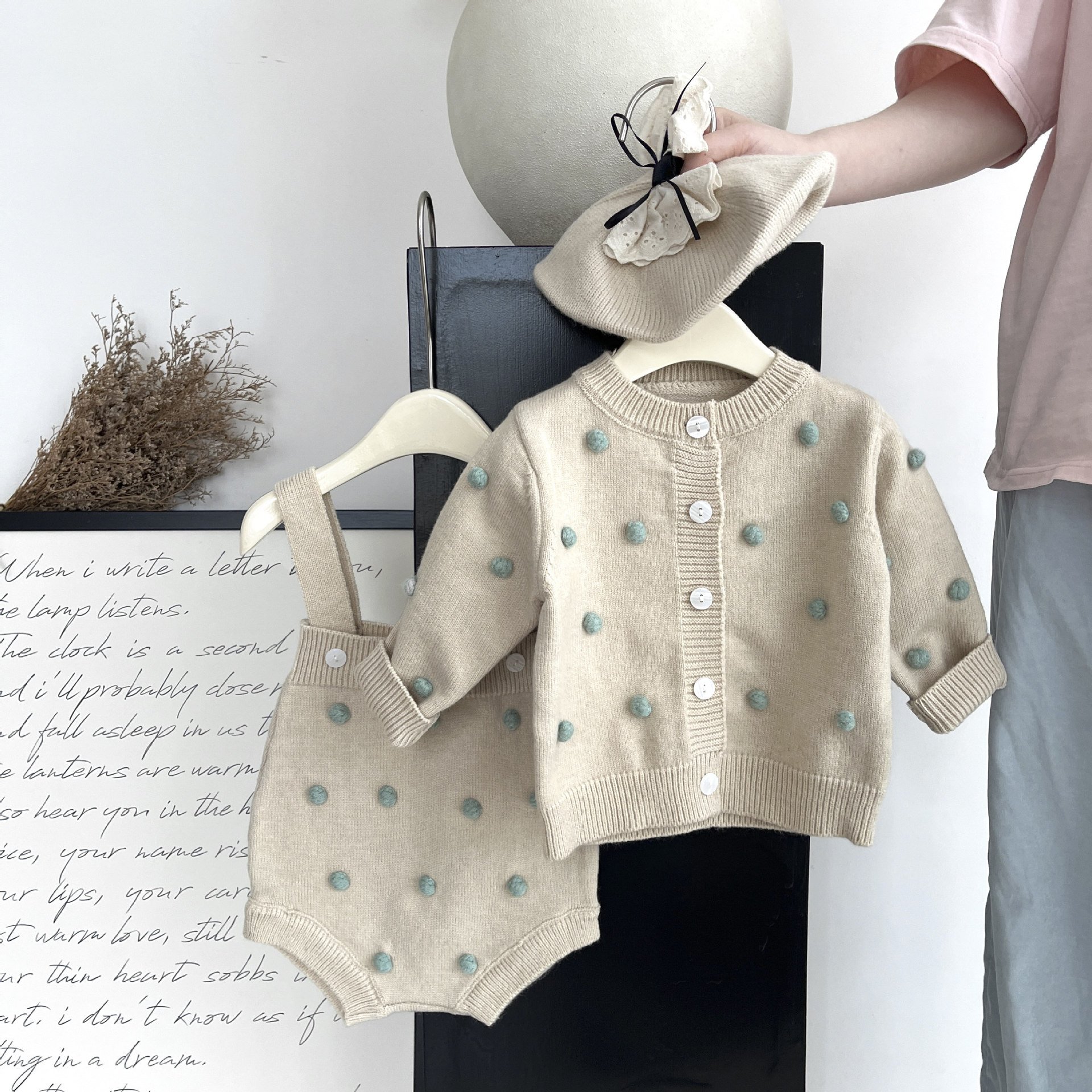 Baby Clothes Autumn Knit Sweater Suspenders Suit Fancy Hairball Cardigan Coat Korean Version Two-Piece Set