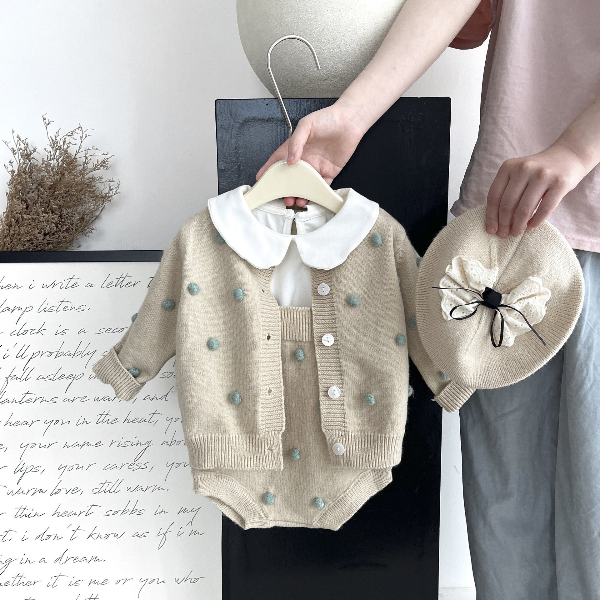 Baby Clothes Autumn Knit Sweater Suspenders Suit Fancy Hairball Cardigan Coat Korean Version Two-Piece Set