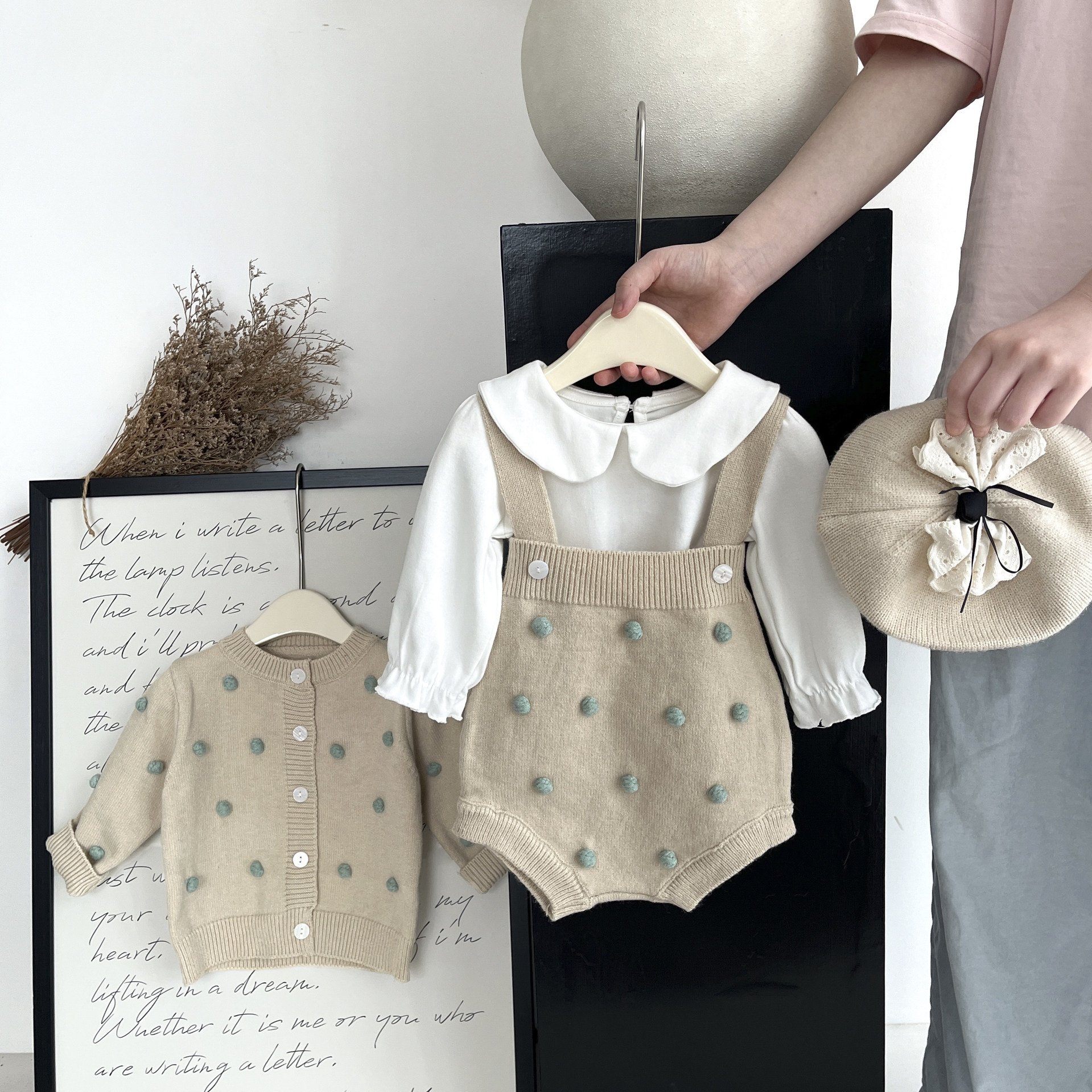 Baby Clothes Autumn Knit Sweater Suspenders Suit Fancy Hairball Cardigan Coat Korean Version Two-Piece Set