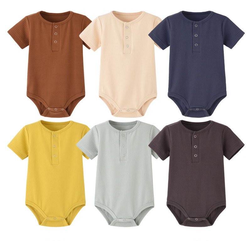 Summer Ins Newborn Infant Clothing One Piece Short Sleeve Solid Color Bodysuit Ribbed Cotton Baby Girls Boys Rompers