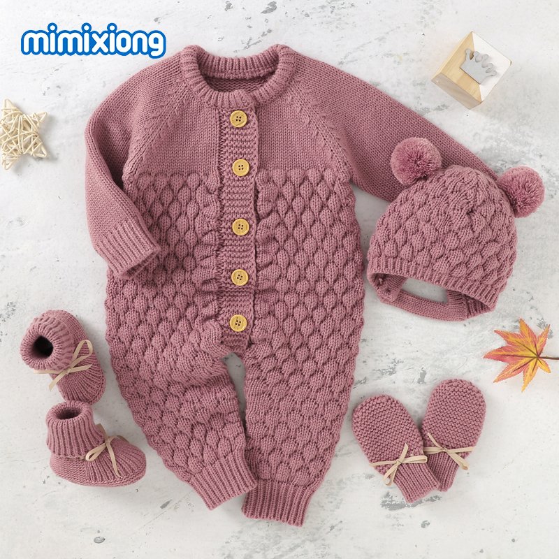 New Style Mimixiong Newborn baby Knitted Rompers Onesies With Hat Shoes Glovers Clothing Sets