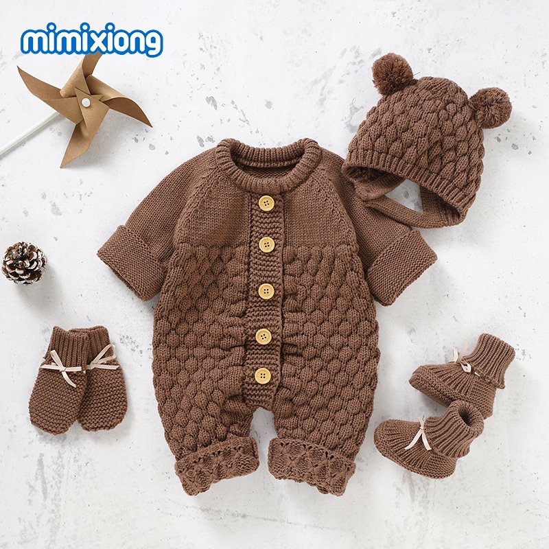 New Style Mimixiong Newborn baby Knitted Rompers Onesies With Hat Shoes Glovers Clothing Sets