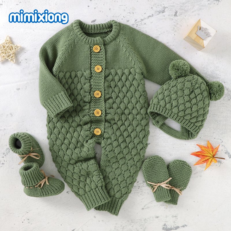New Style Mimixiong Newborn baby Knitted Rompers Onesies With Hat Shoes Glovers Clothing Sets