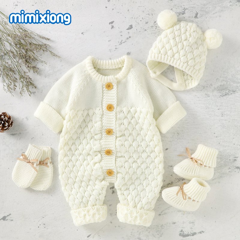 New Style Mimixiong Newborn baby Knitted Rompers Onesies With Hat Shoes Glovers Clothing Sets