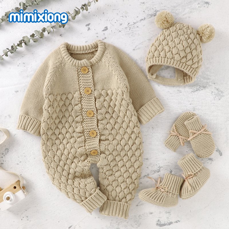 New Style Mimixiong Newborn baby Knitted Rompers Onesies With Hat Shoes Glovers Clothing Sets