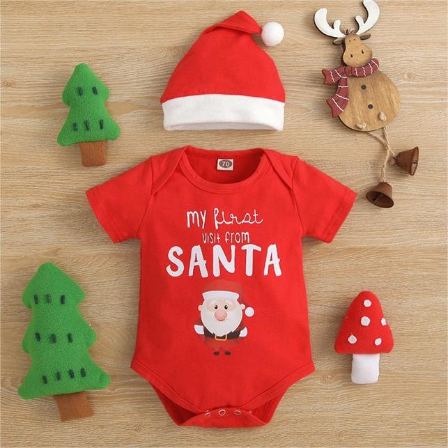 wholesale high quality cotton spandex christmas print baby rompers baby clothes set