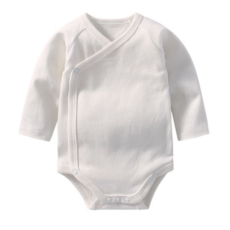 Custom OEM Blank Color Long Sleeve 100% Cotton Newborn Baby Bodysuit Side Open Belly Protection Baby Clothing Romper