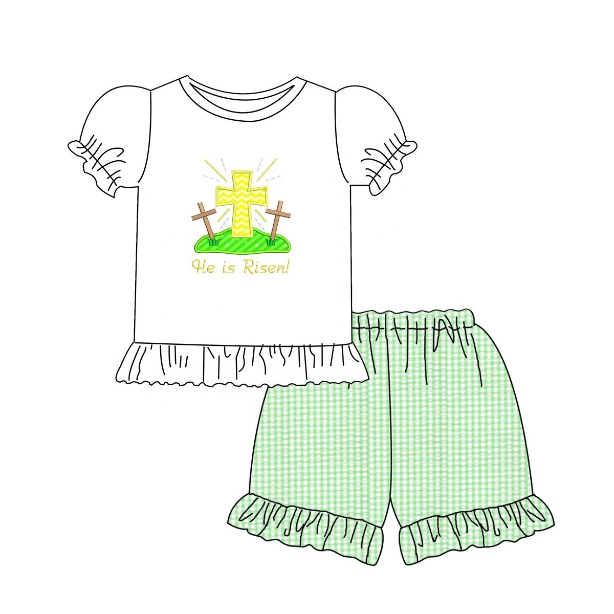 newest kids clothes 2025 easter spring children clothing he is risen embroidery cross applique seersucker baby girl clothing