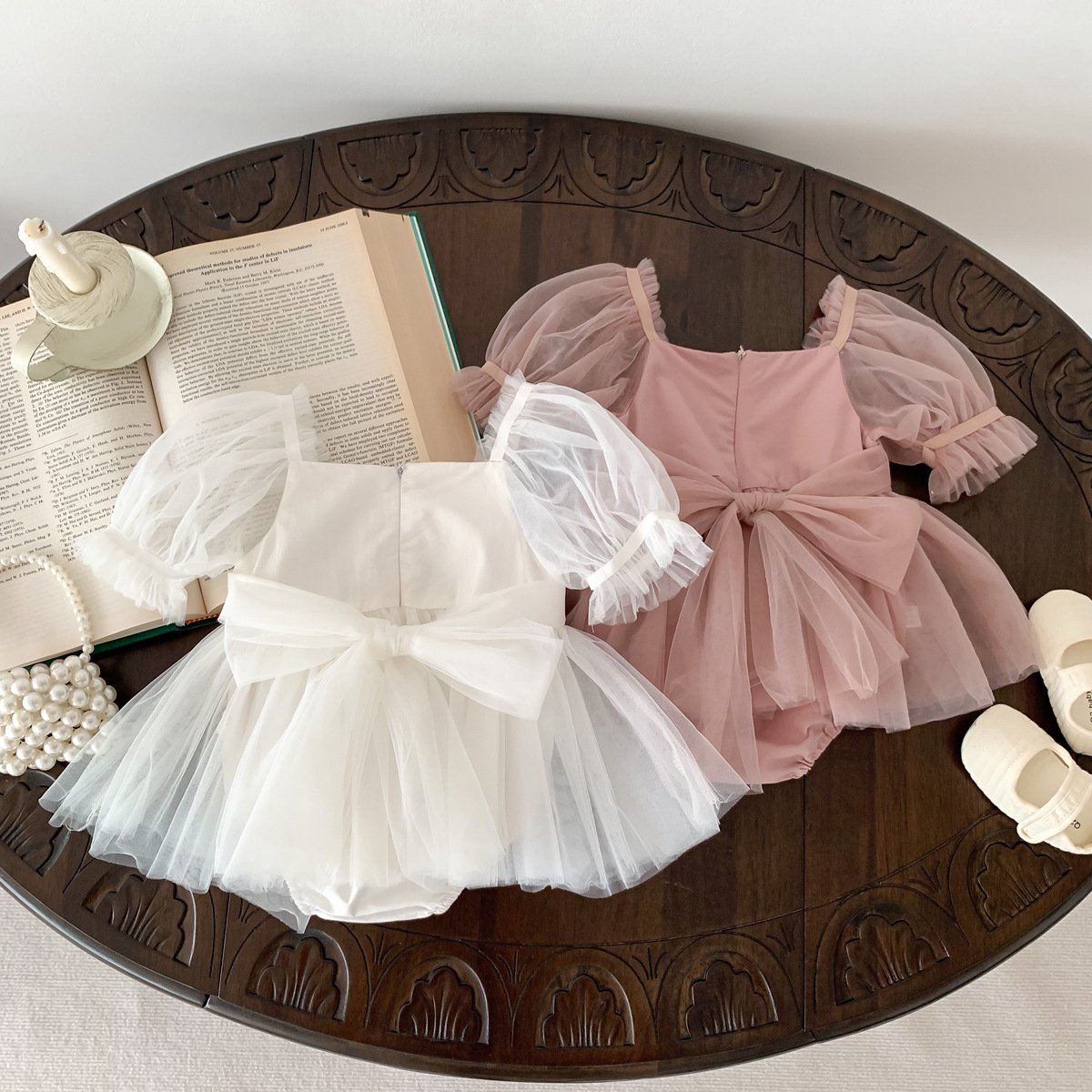 2024 Summer Baby Girl Jumpsuit Newborn Cotton Baby Clothes Short Sleeve Solid Color Bow Mesh Design Jumpsuit Baby Romper