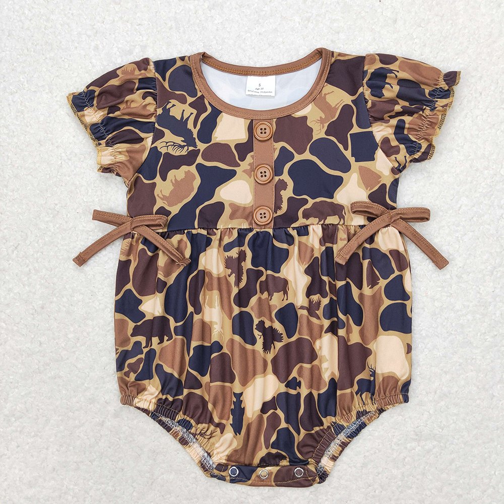 RTS Baby Toddler Newborn Infants Boys Summer Brown Camo Pocket Short Sleeve Round Neck Sibling Boutique Hunting Rompers