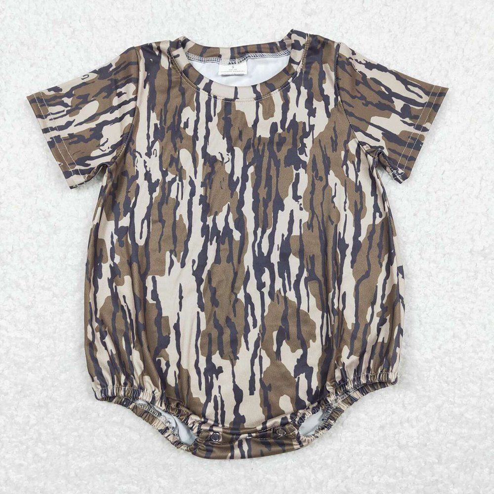 RTS Baby Toddler Newborn Infants Boys Summer Brown Camo Pocket Short Sleeve Round Neck Sibling Boutique Hunting Rompers