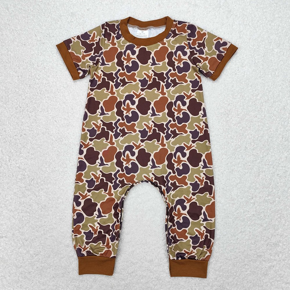 RTS Baby Toddler Newborn Infants Boys Summer Brown Camo Pocket Short Sleeve Round Neck Sibling Boutique Hunting Rompers