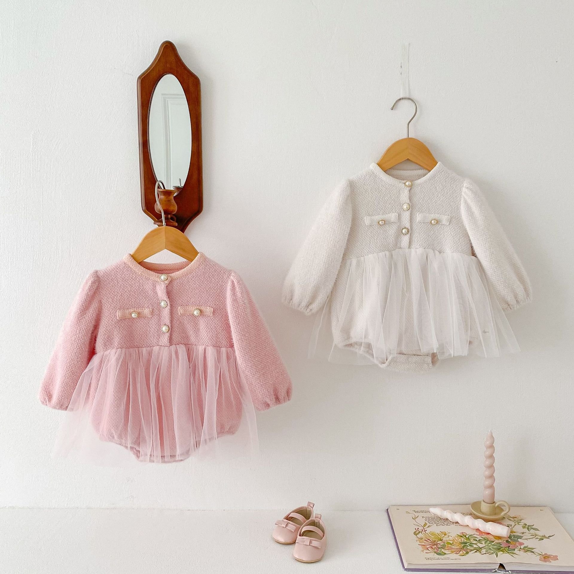 2024 autumn infants clothes baby romper girls princess mesh skirt round neck long sleeve triangle jumpsuit