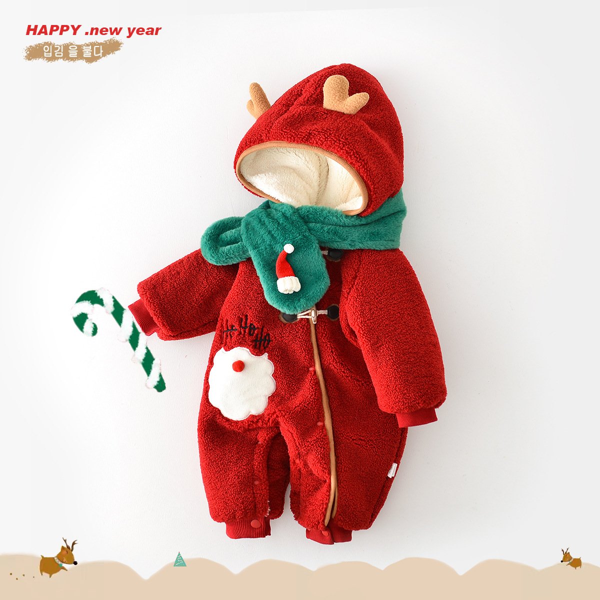 2025 Christmas Baby Romper Scarf Set Cartoon Deer One-Piece Kids Clothes Thick Winter Girls Jumpsuit Korean Toddler Boys Onesies