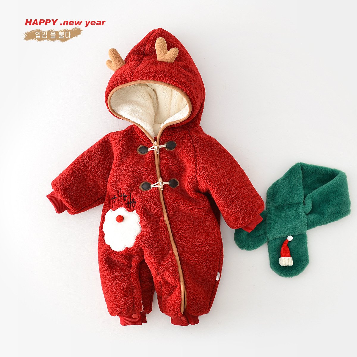 2025 Christmas Baby Romper Scarf Set Cartoon Deer One-Piece Kids Clothes Thick Winter Girls Jumpsuit Korean Toddler Boys Onesies