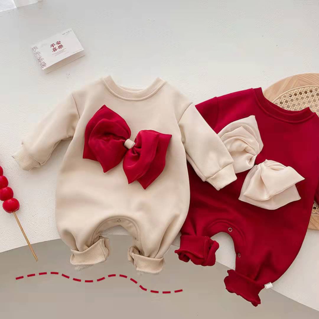 winter infant Cotton bow casual jumpsuit newborn round neck bow girls clothes baby boy romper