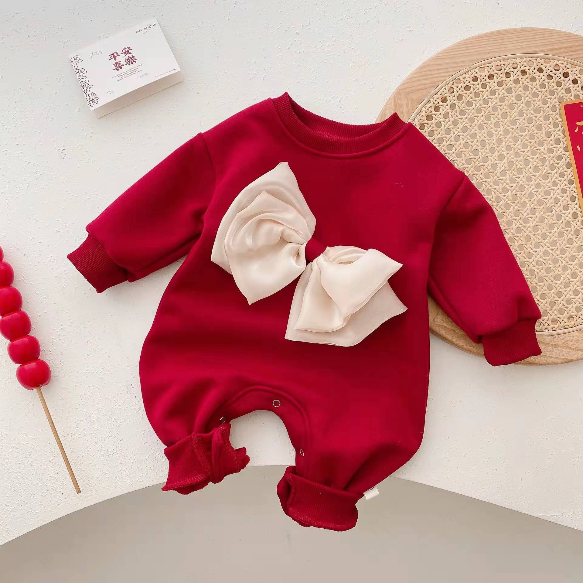 winter infant Cotton bow casual jumpsuit newborn round neck bow girls clothes baby boy romper