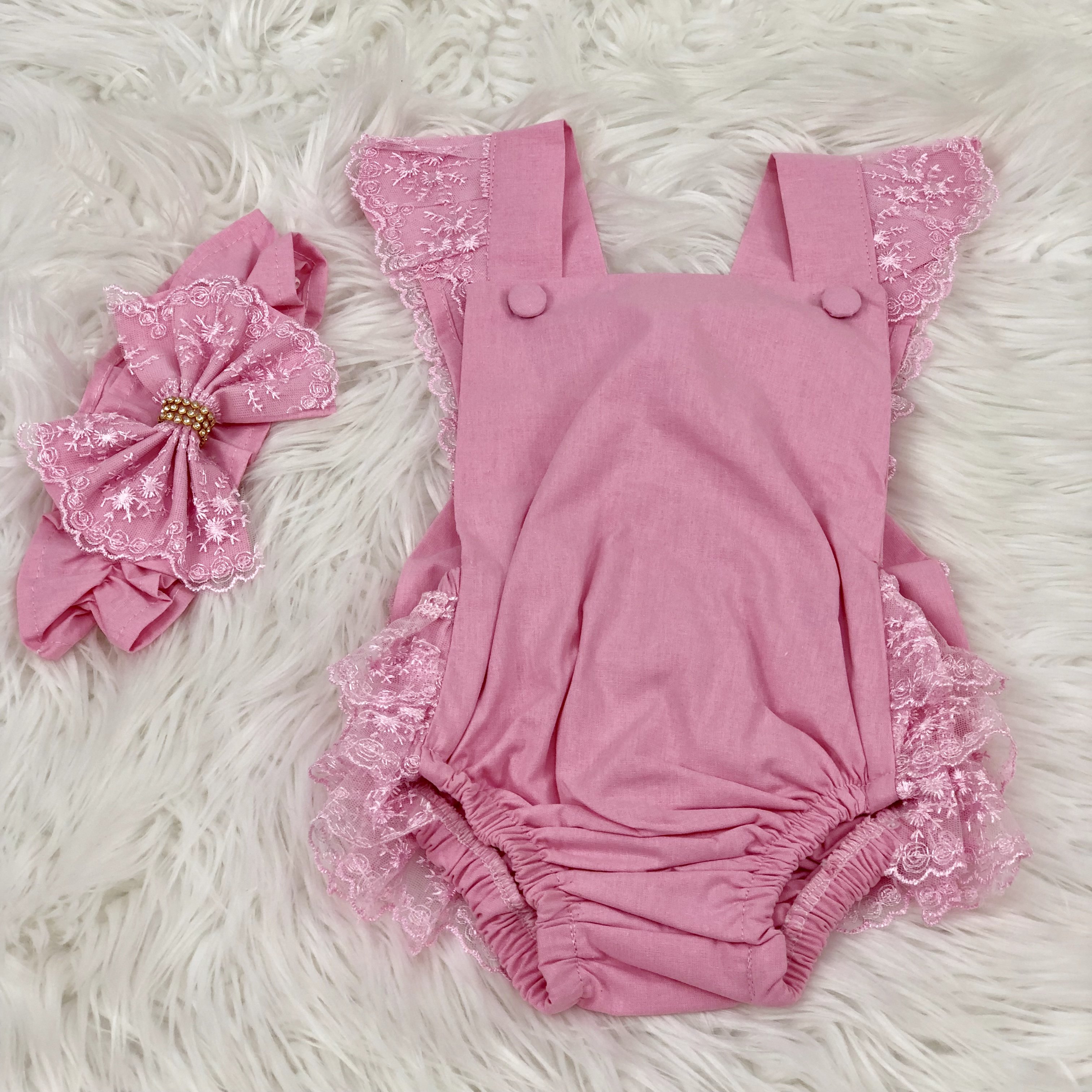 Adorable Pink Lace Baby Romper with Bow and Headband Perfect Newborn Outfit for Special Occasions Cotton For Girl in Pink